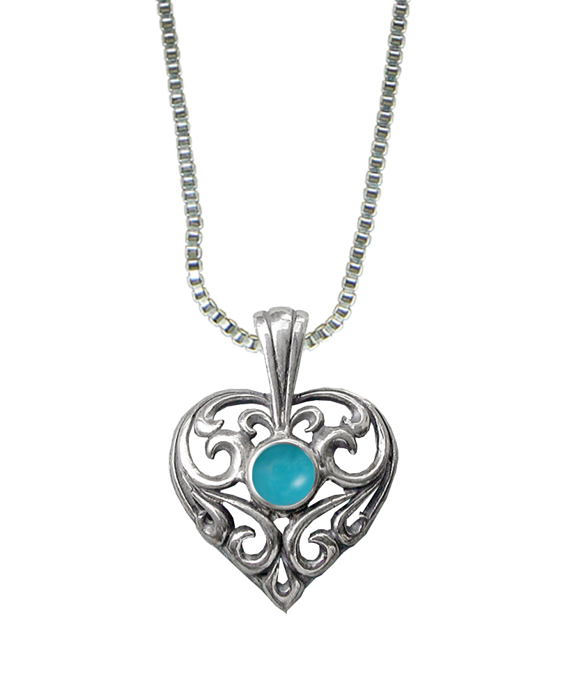 Sterling Silver Exceptional Filigree Heart Pendant With Turquoise